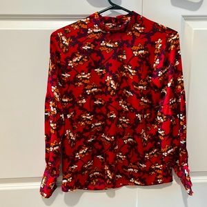 Ann Taylor Red Silk High Neck Red Floral Blouse